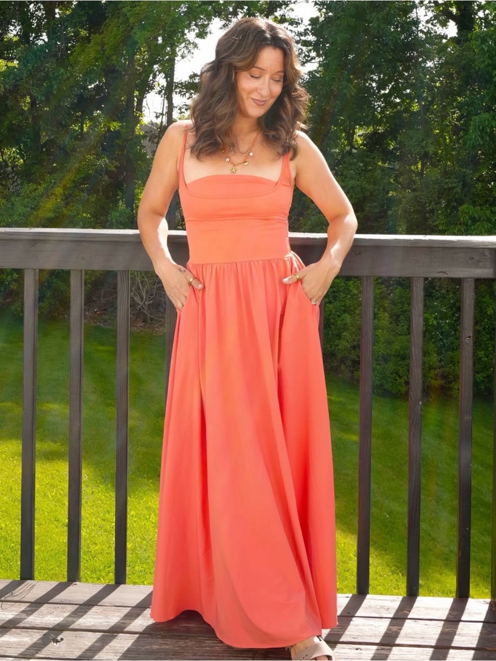 EUC HALARA Orange Breezeful Pocket Flowy Flare Maxi Quick Dry Casual Tank Dress